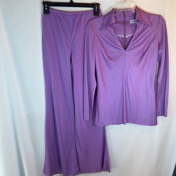 Y2K Vintage Lavender Bell Bottom Pantsuit – Manning Silver Disco Set XS/S - Picture 2 of 10